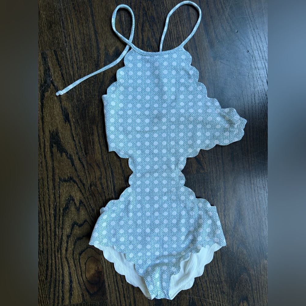 Marysia Scallop Swimsuit in Blue and White